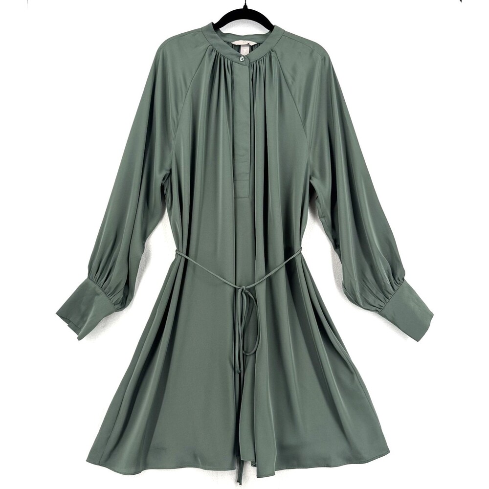 H&M Sage Green Belted Shirt Dress XL Long Sleeve Flowy Mini Tunic Quiet Luxury